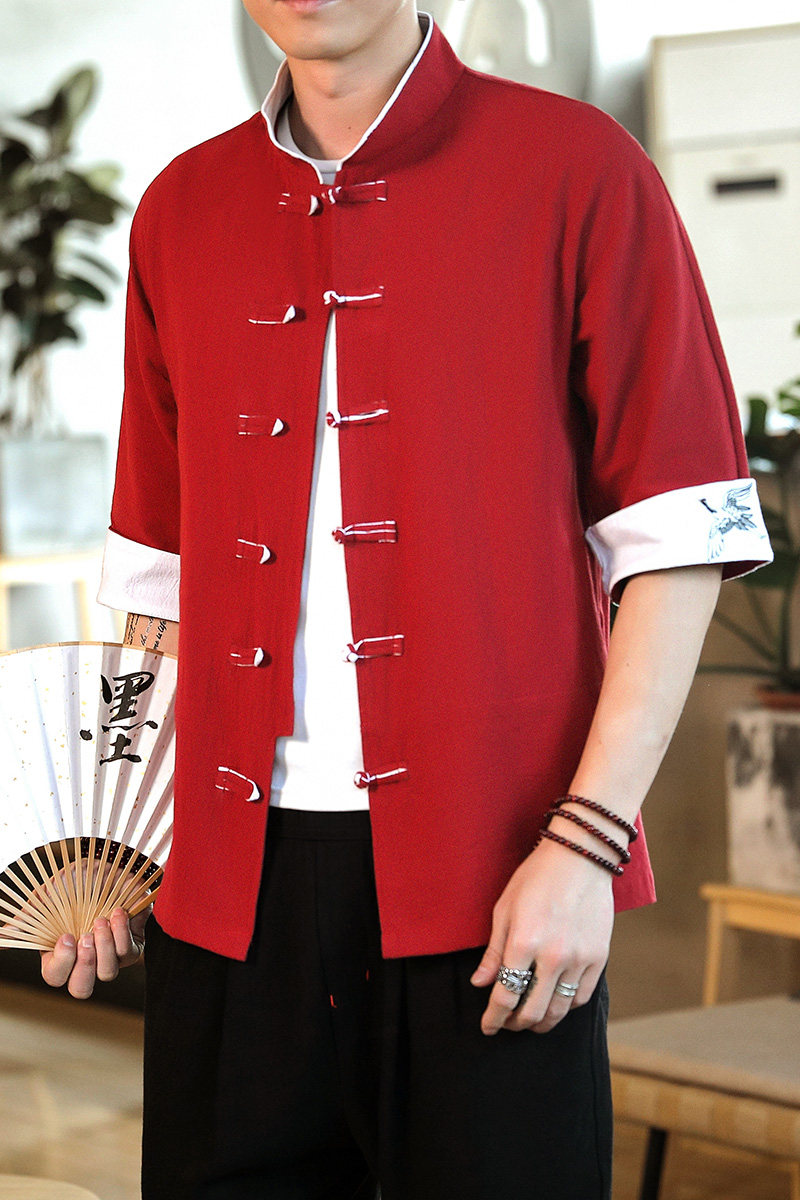 2022风男士撞色扣子仙鹤刺绣七分袖衬衫红色A032/C61/55控68,男装衬衫,电商A032