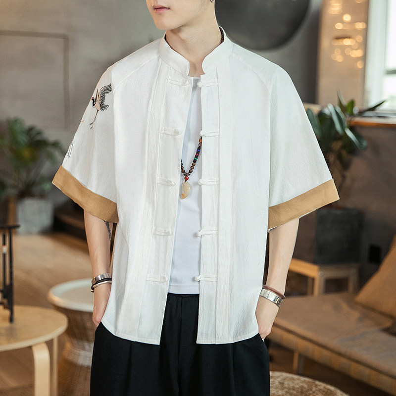 咖啡厅 风男士短袖衬衫仙鹤刺绣衬衣白色A032/DS003/50控68图片
