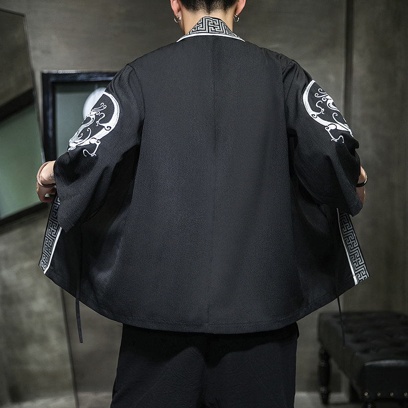 W基地风圆龙刺绣七分袖开衫汉服防晒衣黑色A032/2201/50控68,男装衬衫,电商A032