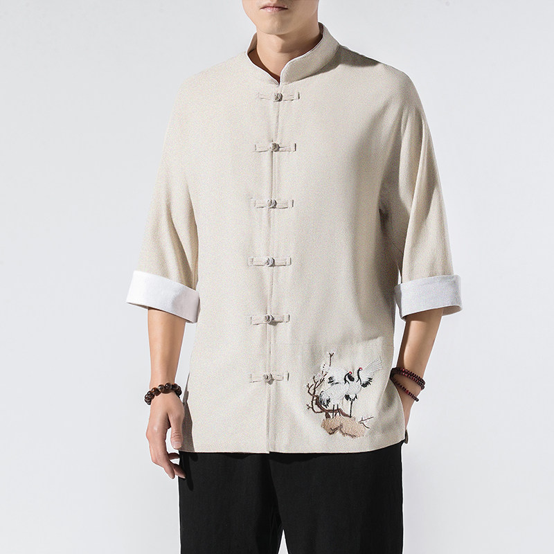 白墙2022男士撞色扣子复古七分短袖衬衫麻本色A032/C62/55控68,男装衬衫,电商A032