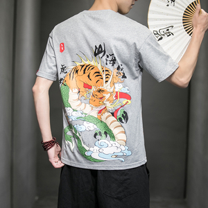 风夏装山海经系列情侣印花男士短袖T恤衫虎鲛黑A032/T105/35图片