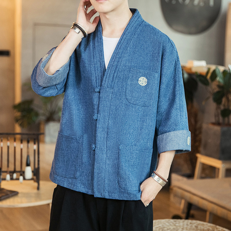 咖啡厅风男士汉服开衫盘扣牛仔外套蓝色A032/KS001/65控78,男装衬衫,电商A032
