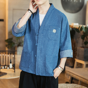 咖啡厅风男士汉服开衫盘扣牛仔外套蓝色A032/KS001/65控78,28青年男衣服搭配技巧图片