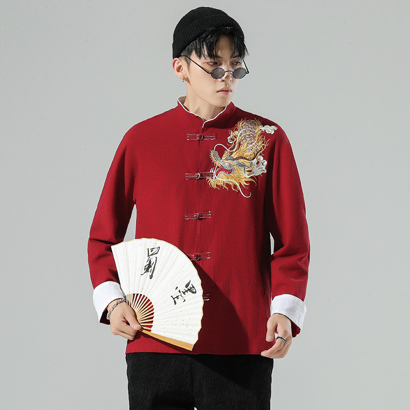 白墙风春装男士胸前龙刺绣长袖衬衫红A032/C26/65控78,男装衬衫,电商A032