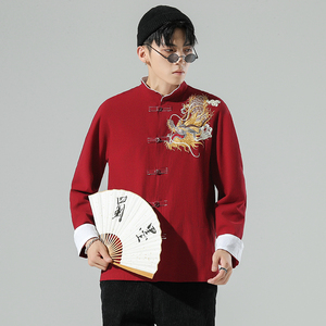 白墙 风春装男士胸前龙刺绣长袖衬衫红 A032/C26/65控78图片