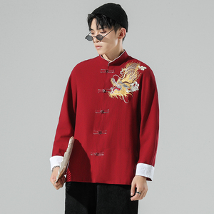 白墙 风春装男士胸前龙刺绣长袖衬衫红 A032/C26/65控78图片