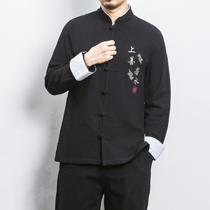 白墙 风春装男士上善若水刺绣长袖衬衫黑色A032/C21/55控68图片