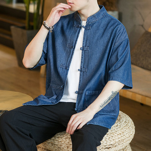 咖啡厅深蓝 2023新款夏季男士复古牛仔大码风衬衫A032/C71/65图片