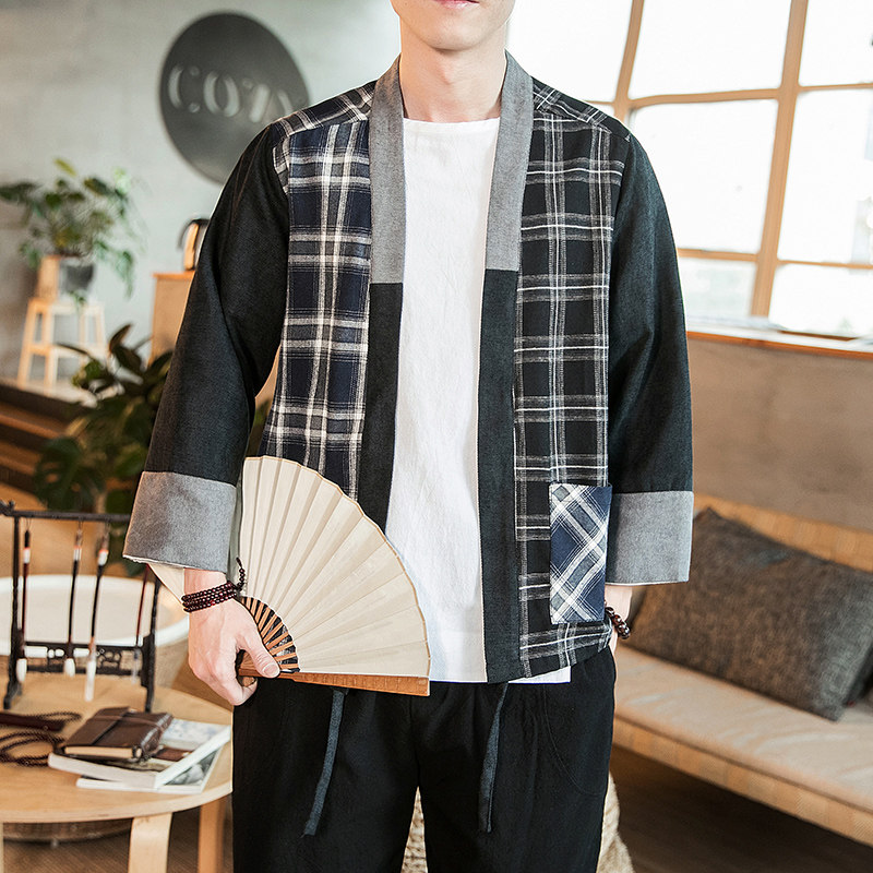 咖啡厅夏装风拼接撞色格子开衫汉服T恤男A032/1822/特P40,男装衬衫,电商A032