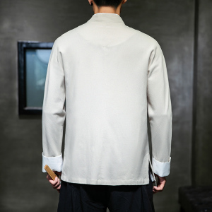 W基地风春装男士上善若水刺绣长袖衬衫麻米色A032/C21/55控68图片