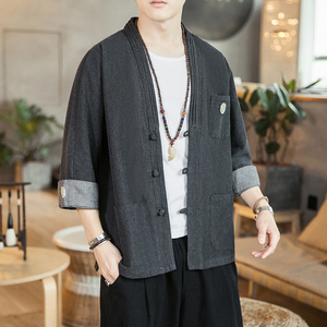 咖啡厅 风男士汉服开衫盘扣牛仔外套黑色A032/KS001/65控78图片