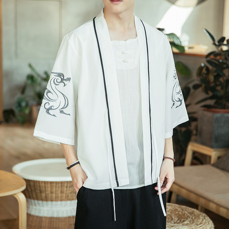 咖啡厅 风夏装银龙刺绣汉服开衫衬衫白色 A032/2202/50控68图片