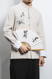 白墙 风春装男士胸前鹤刺绣长袖衬衫麻本色 A032/C22/55控68图片