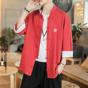 风夏装 佳乐男士七分袖衬衫棉麻短袖衬衣红色A032/C66/55控68图片