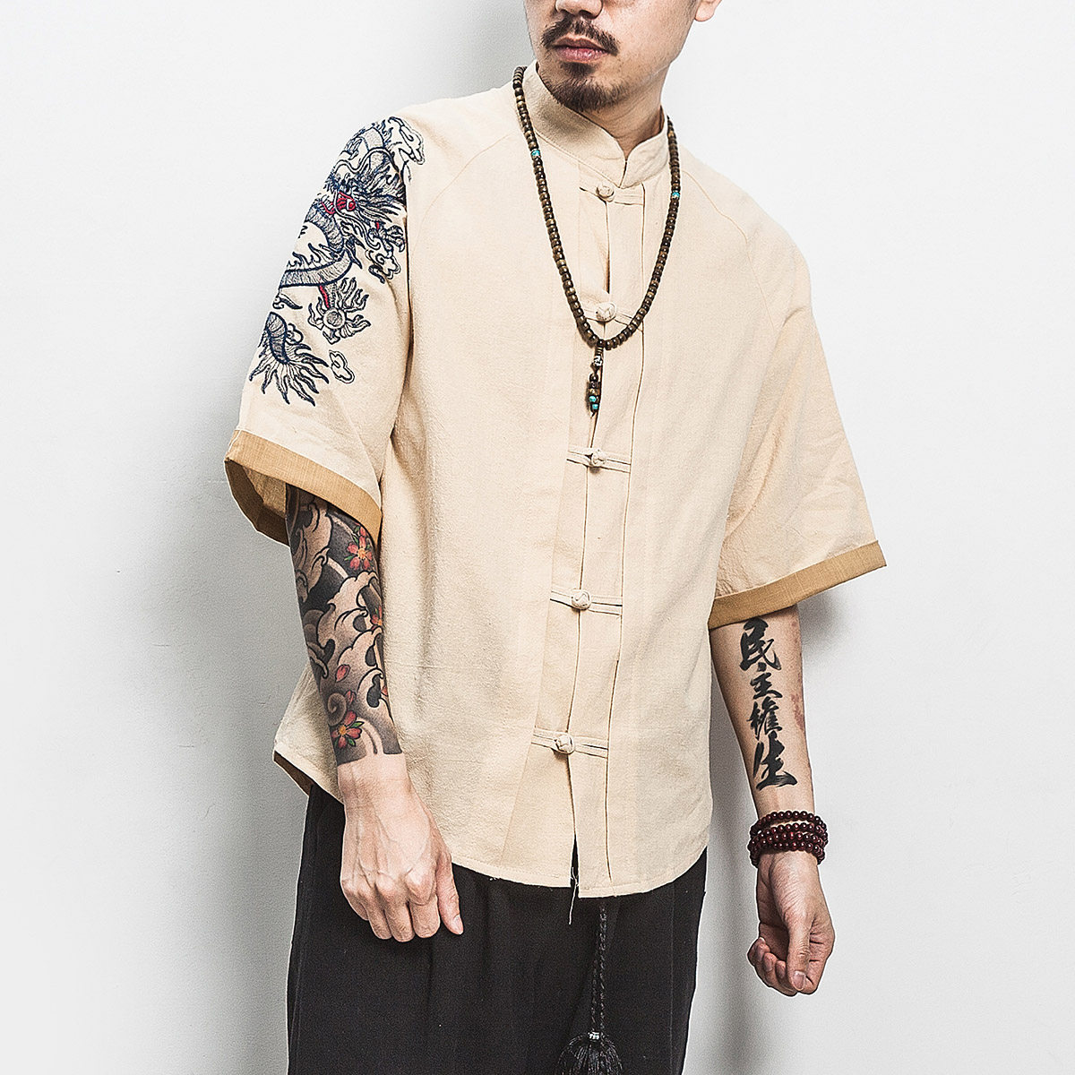 白墙风男士短袖衬衫金龙刺绣衬衣卡其色A032/DS001/50控68,男装衬衫,电商A032