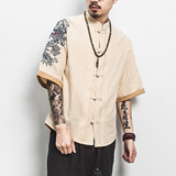 白墙风男士短袖衬衫金龙刺绣衬衣卡其色A032/DS001/50控68，男装衬衫，电商A032