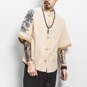 白墙 风男士短袖衬衫金龙刺绣衬衣卡其色A032/DS001/50控68图片
