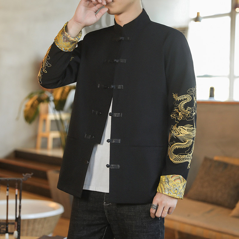 咖啡厅风春装夹克立领盘扣翻袖龙凤刺绣外套A032/JK152/100,男装夹克,电商A032