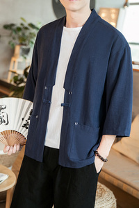 咖啡厅 风夏装七分袖开衫纯色汉服衬衣藏青色A032/1821/特P40图片