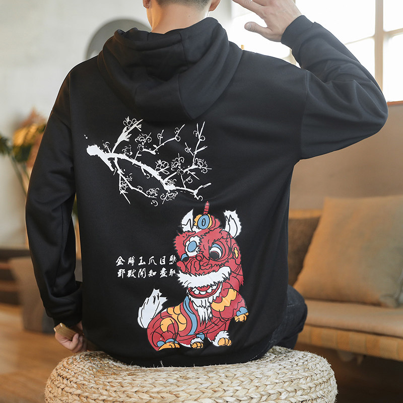 咖啡厅风春装大码潮男士连帽卫衣舞狮印花黑色A032/W332/55,男装卫衣,电商A032