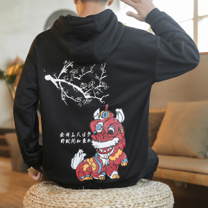 咖啡厅 风春装大码潮男士连帽卫衣舞狮印花黑色A032/W332/55图片