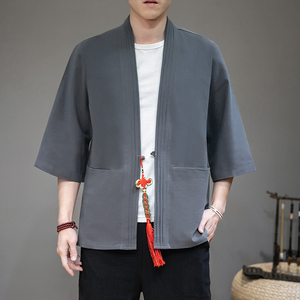 夏季风纯色汉服开衫 麻本色七分袖铜钱道袍A032/KS006/60控78图片