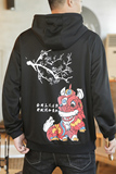 咖啡厅风春装大码潮男士连帽卫衣舞狮印花黑色A032/W332/55，男装卫衣，电商A032