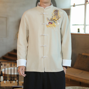 咖啡厅 风春装男士胸前龙刺绣长袖衬衫红A032/C26/65控78图片