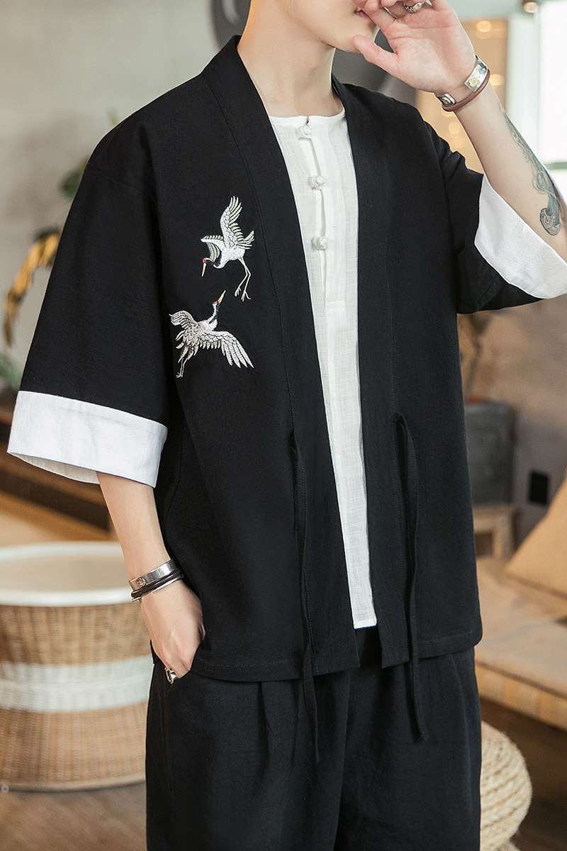 咖啡厅风夏装男士汉服仙鹤刺绣开衫黑色A032/KS003/50控68,男装衬衫,电商A032