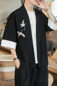 咖啡厅 风夏装男士汉服仙鹤刺绣开衫黑色A032/KS003/50控68图片