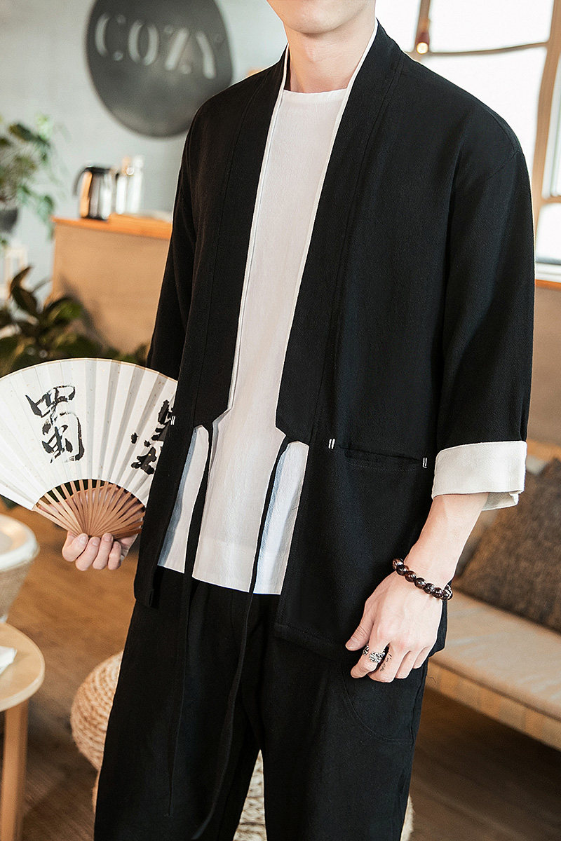 咖啡厅夏装风男士纯色翻边撞色开衫T恤黑A032/1820/特P40,男装衬衫,电商A032