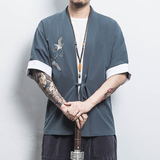 白墙风夏装男士汉服仙鹤刺绣开衫湖蓝色A032/KS003/50控68，男装衬衫，电商A032