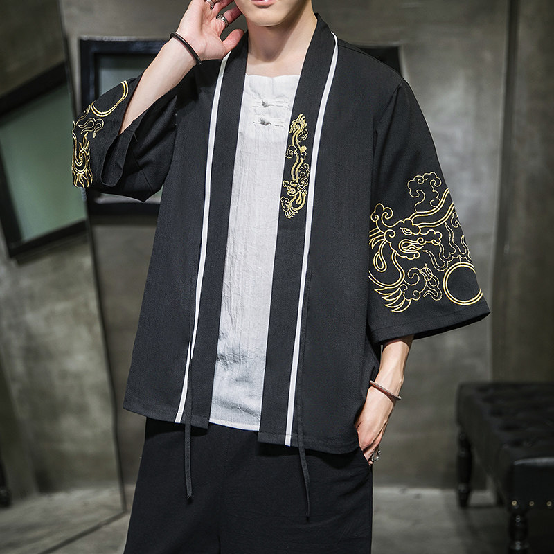 W基地风夏装新款龙腾刺绣汉服开衫衬衫白色A032/2204/50控68,男装衬衫,电商A032