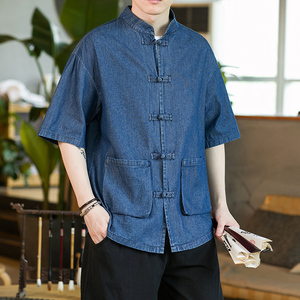 咖啡厅深蓝 2023新款夏季男士复古牛仔大码风衬衫A032/C71/65图片