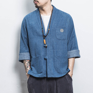 白墙 风男士汉服开衫盘扣牛仔外套黑色A032/KS001/65控78图片