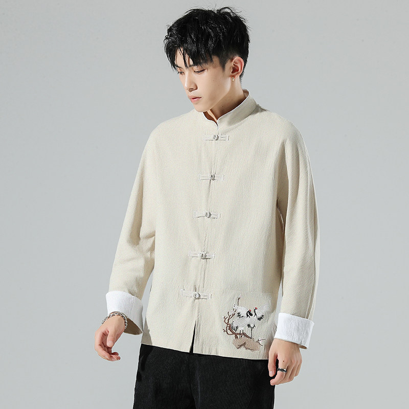无影墙风春装男士衣脚鹤刺绣长袖衬衫红A032/C25/65控78,男装衬衫,电商A032