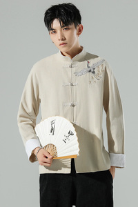 无影墙 风春装男士撞色盘扣飞鹤图刺绣衬衫麻本色A032/C27/65图片