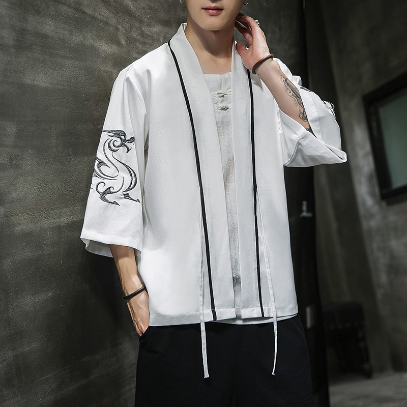 W基地风夏装银龙刺绣汉服开衫衬衫白色A032/2202/50控68，男装衬衫，电商A032