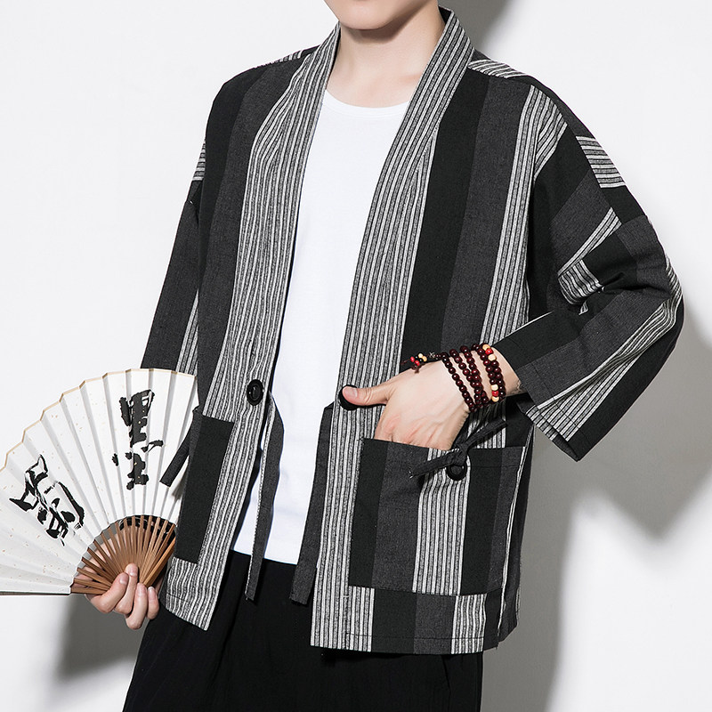 白墙夏装风男士条纹开衫T恤黑条纹汉服A032/1816/特P50,男装衬衫,电商A032
