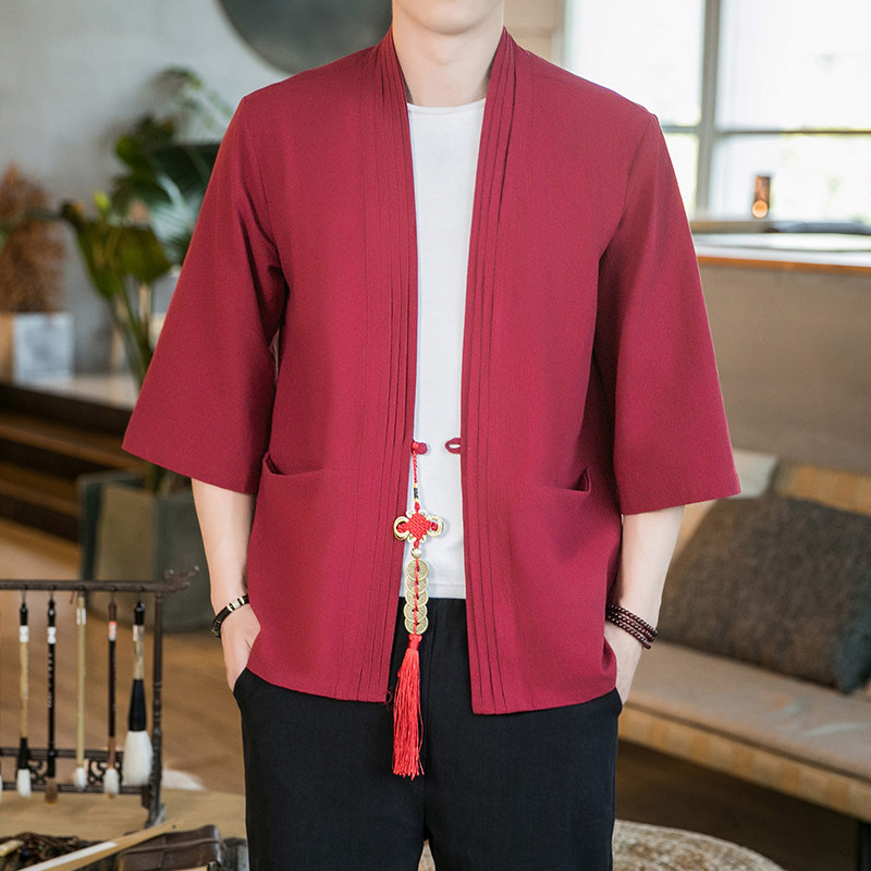 咖啡厅夏季风纯色汉服开衫藏青七分袖铜钱道袍A032/KS006/60,男装衬衫,电商A032