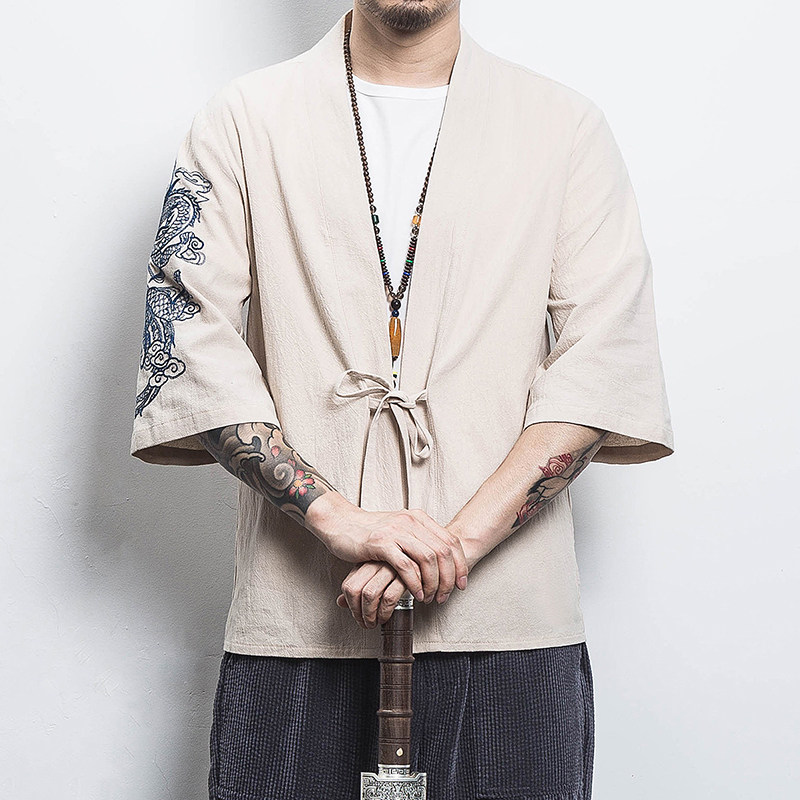 白墙风夏装男士汉服龙刺绣开衫黑色A032/KS002/50控68,男装衬衫,电商A032