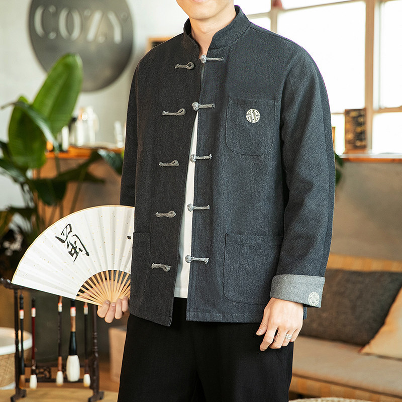 咖啡厅风春装男士盘扣牛仔刺绣夹克黑色A032/NY22/120控148,男装夹克,电商A032