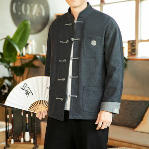 咖啡厅风春装男士盘扣牛仔刺绣夹克黑色 A032/NY22/120控148图片