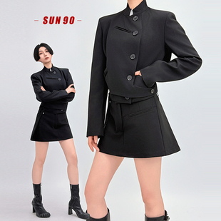 SUN90 立领西装 套装 女黑色气质通勤短外套半身裙两件套 极简风修身