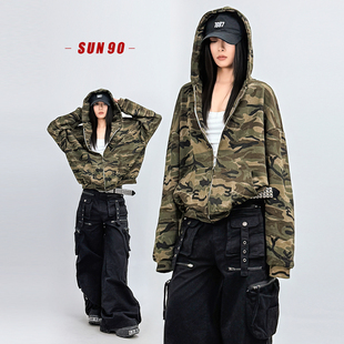 慵懒开衫 SUN90 短外套女情侣款 复古宽松迷彩帽衫 拉链连帽卫衣 美式