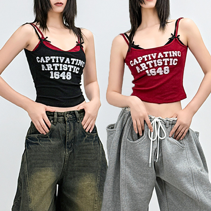 SUN90 美式复古辣妹风假两件撞色字母印花红色吊带背心女无袖上衣,女装/女士精品,背心吊带,淘宝优惠券,粉丝福利购,淘宝优惠卷
