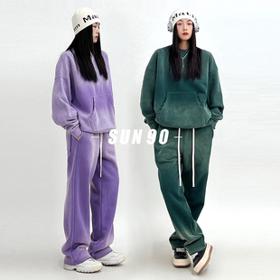 复古圆领洗彩色卫衣加绒加厚休闲运动街舞裤 SUN90卫衣套装 女美式