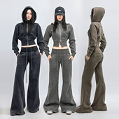 微喇卫裤 SUN90 套装 女收腰拉链连帽外套 美式 复古辣妹风加绒修身