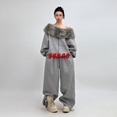 SUN90 女松弛感小众两件套装 秋冬慵懒斜肩毛领卫衣外套阔腿裤 套装
