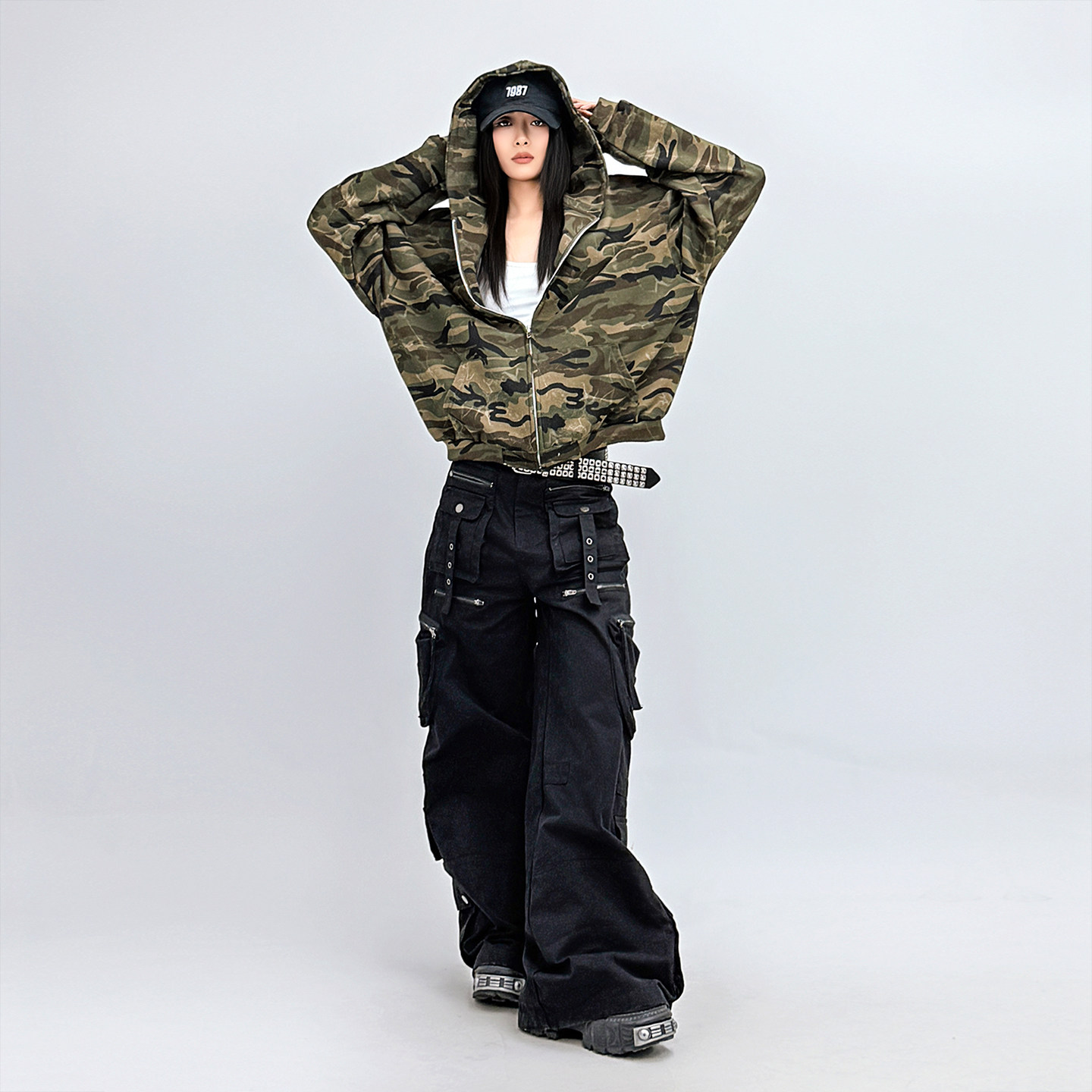 SUN90 美式复古宽松迷彩帽衫短外套女情侣款慵懒开衫拉链连帽卫衣